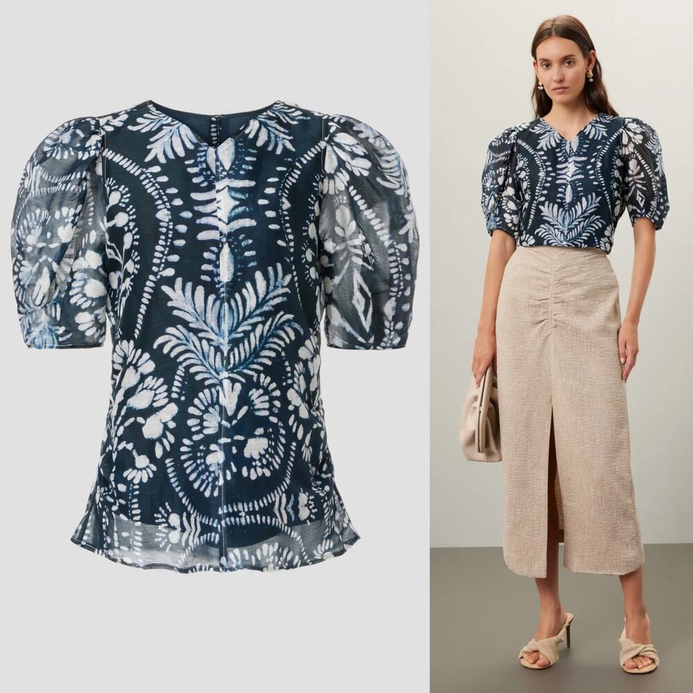 Marie Oliver Augustine Top Floral Linen Silk Blend Puff Sleeve Blouse Blue Small - Picture 2 of 8